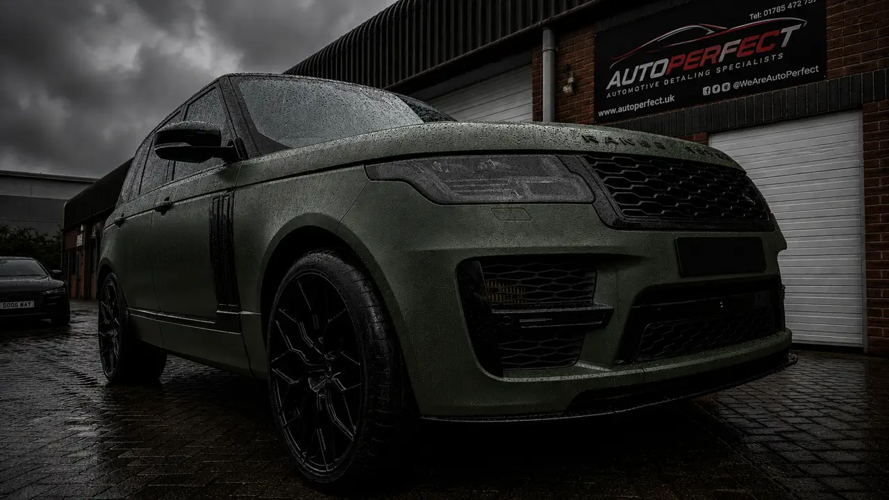 Green vinyl wrap on a Range Rover at AutoPerfect, Stone